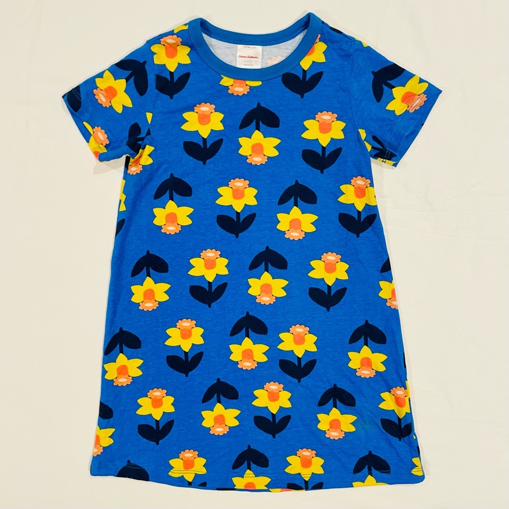 Hanna Andersson Print T-Shirt Dress Girls 5 110 Daffodils on Equator Summer Blue